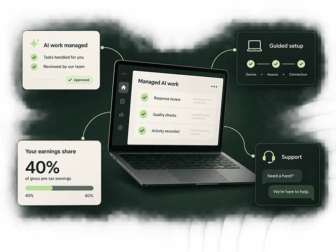 Managed AI work on a dedicated laptop, with guided setup, your 40% earnings share, and support